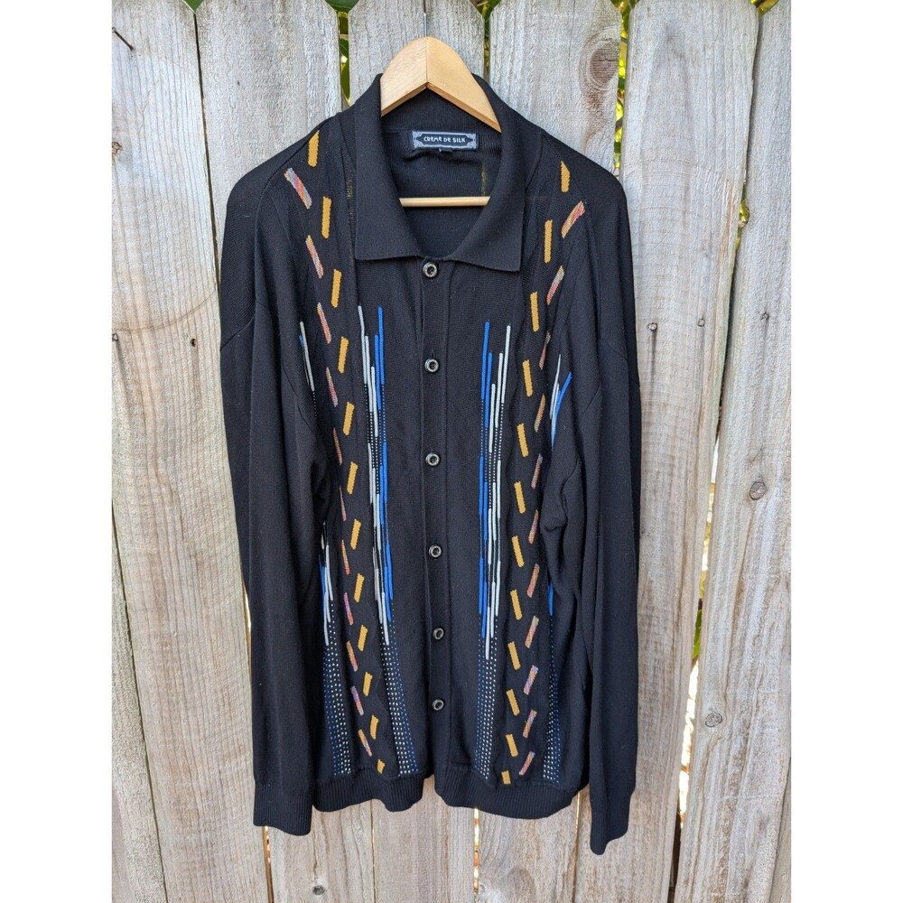 Creme De Silk Cardigan Sweater Rayon Silk Blend Black Geometric XL 3D